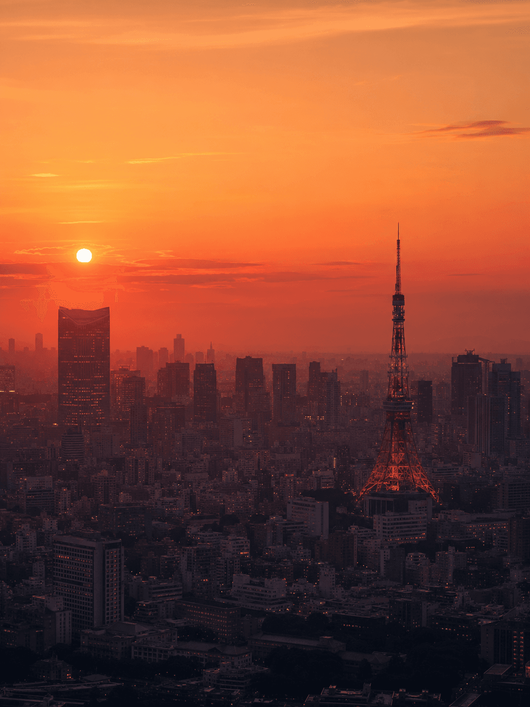 夕暮れの東京の街並みと東京タワー