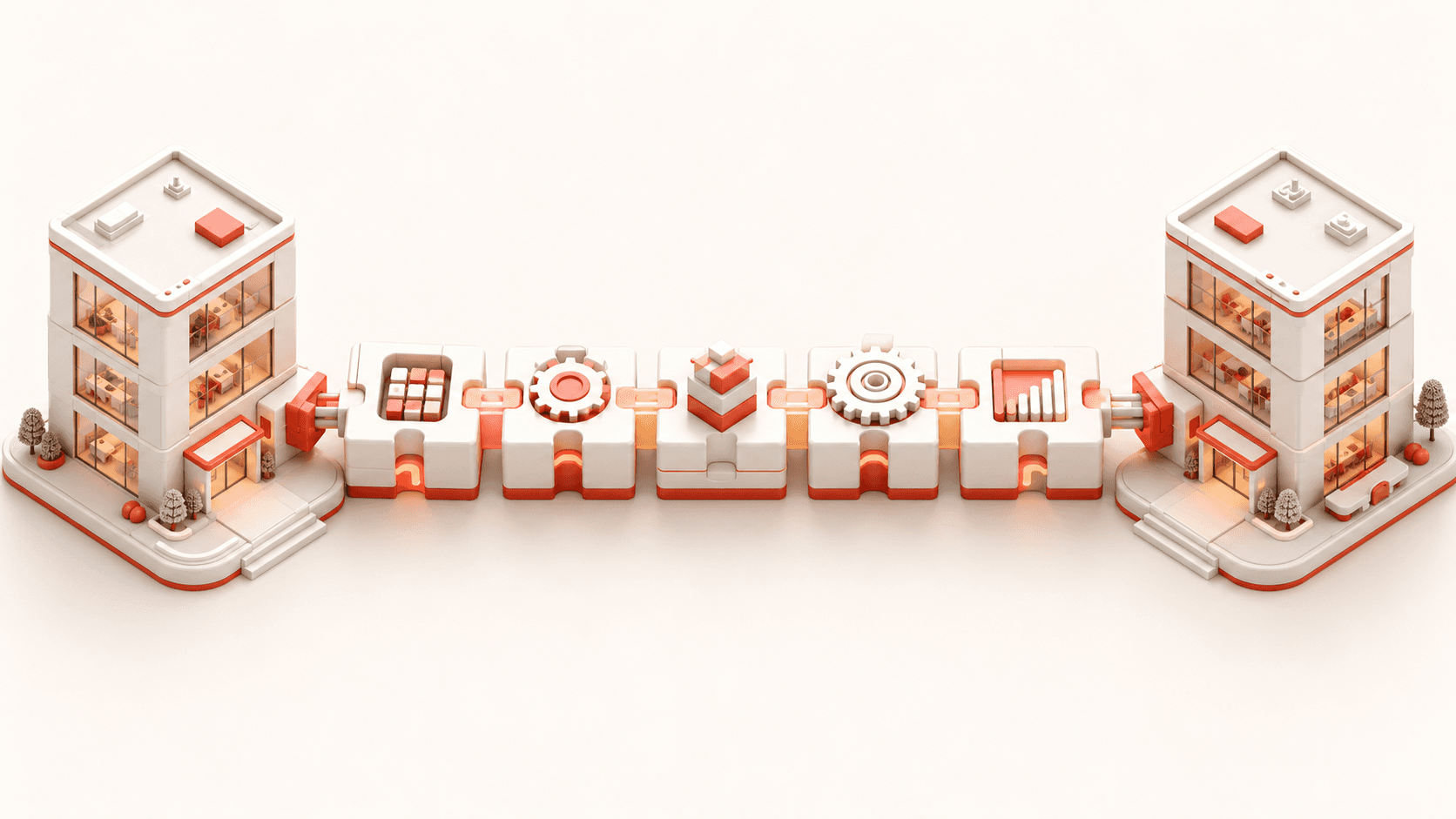 業務フローを組み上げるブロックと歯車のイラスト